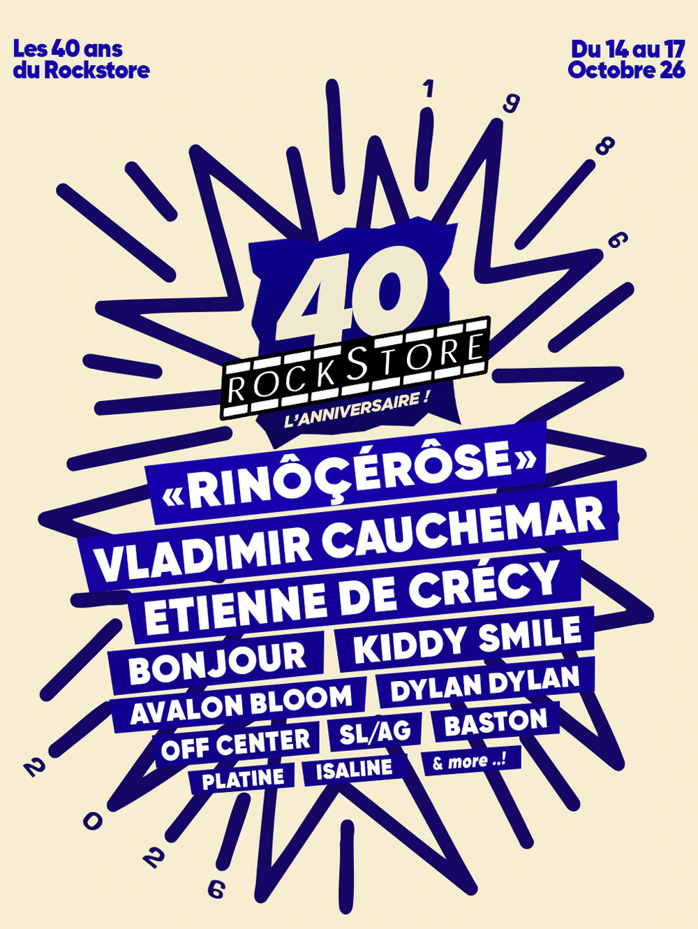 Affiche des 40 ans du Rockstore, du 14 au 17 octobre 2026